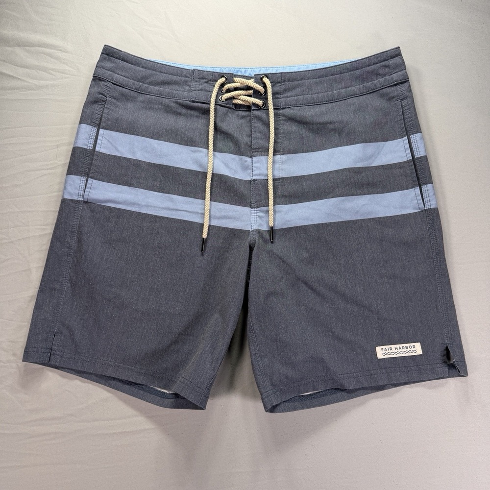 Fair Harbor Board Shorts Mens 33 Waist Gray Blue Striped Swim Trunks Drawstring